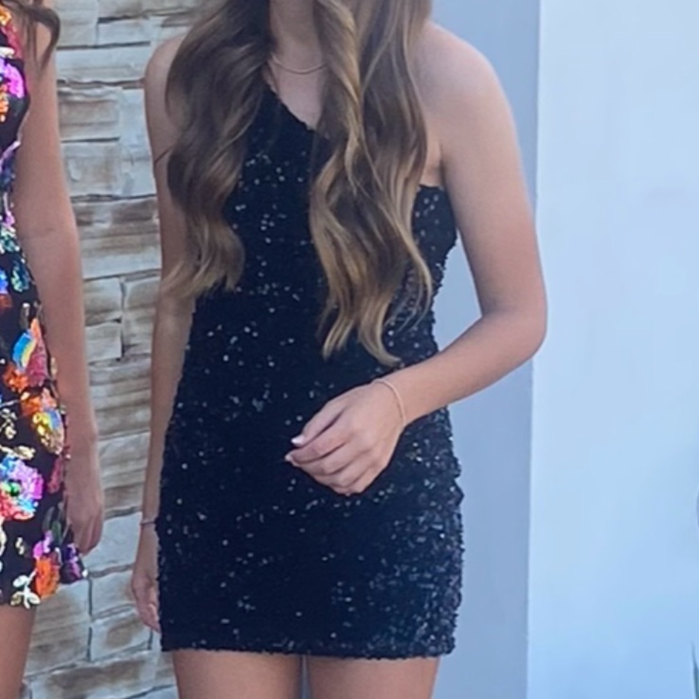 black sequin one shoulder dress
